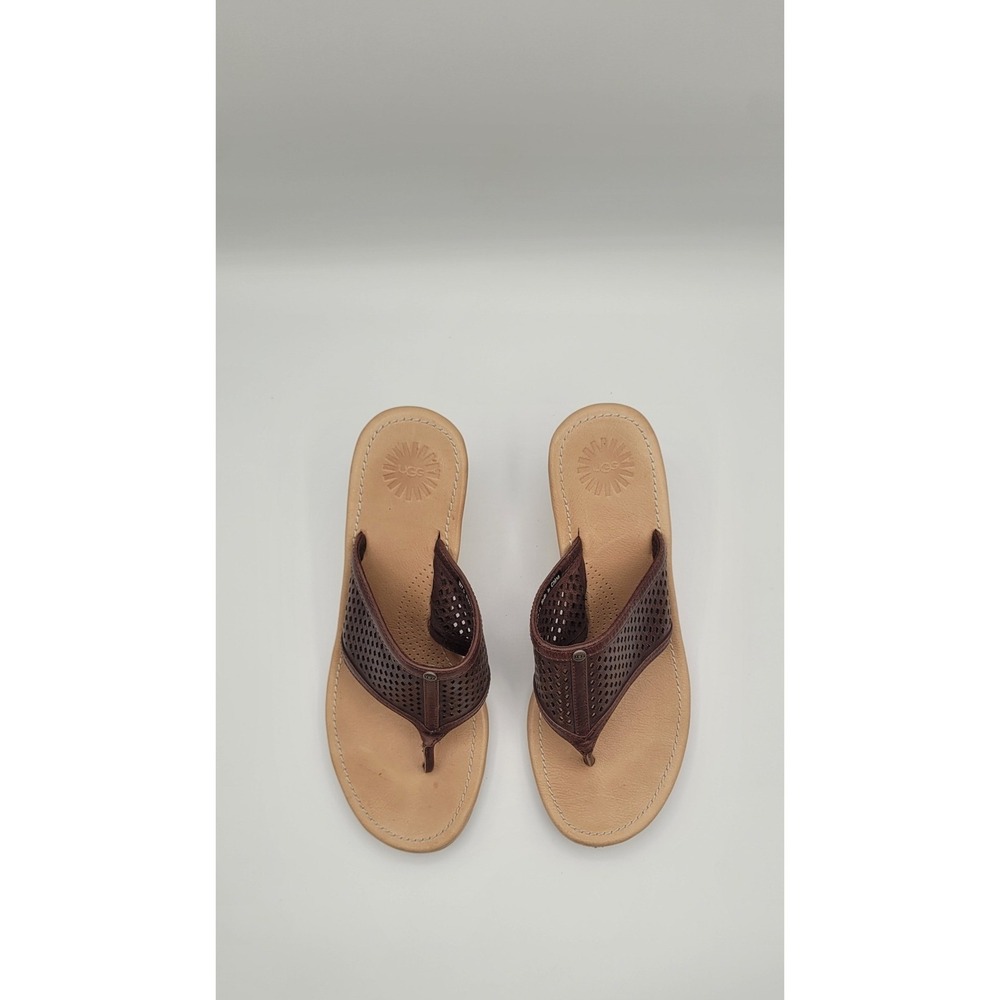 UGG Solena Women's Wedge Sandals 7.5 Brown Leather Perforated Comfort Thong - Picture 6 of 11